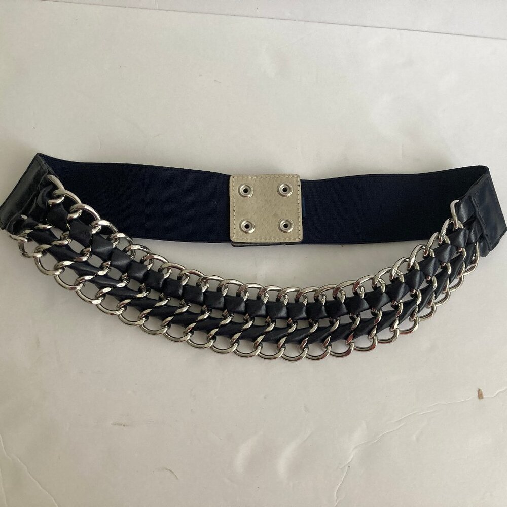 Navy Blue Silver Hardware Thick Stretch Belt Snaps